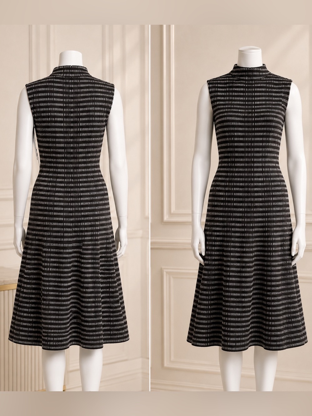 St. John Black & White Striped Textured Sleeveless A-Line Dress